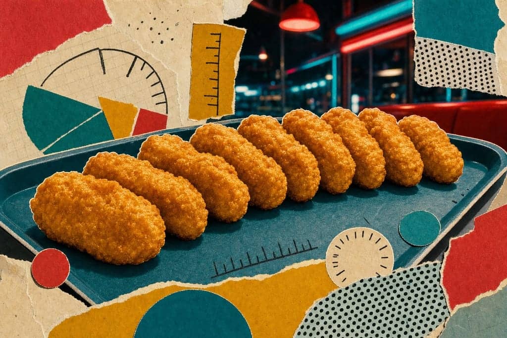 Editorial mixed-media collage of exactly ten crispy golden chicken nuggets as the unmistakable central subject, arranged in a clean slightly arcing row with a few overlapping for depth, viewed from a dramatic low front three-quarter close angle at tray height, centered on a matte deep teal fast-food tray liner surface inside a minimalist diner setting, lit by vivid late-night neon glow with warm amber highlights and cool cyan shadows for a bold indulgent yet analytical mood, each nugget showing detailed craggy breading texture and subtle oil sheen, surrounded by small abstract nutrition-inspired cut-out elements like simple color blocks, tiny geometric paper circles, and hand-drawn measuring-tick marks with no readable text, layered with rough scissor edges over torn cream and mustard paper pieces, halftone scraps, bold flat colour shapes, visible glue-stick texture and paper grain, playful magazine composition, no characters, no humans, no text.