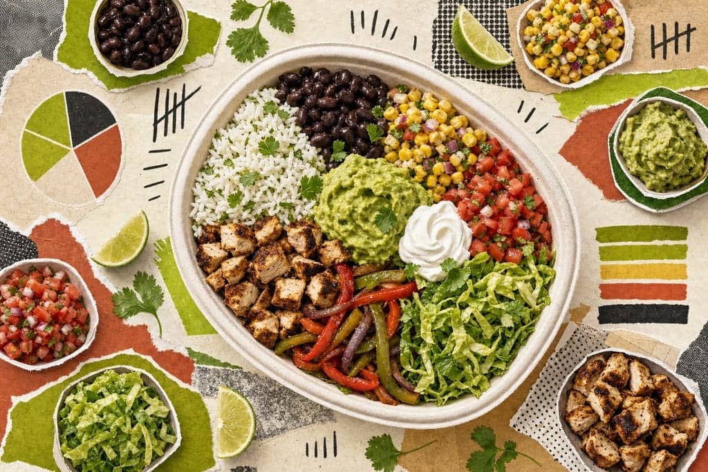 Editorial mixed-media collage of a fully loaded Chipotle-style burrito bowl as the unmistakable central subject, viewed from a dramatic straight-down overhead angle, centered on a layered torn-paper tabletop scene inspired by a modern casual Mexican grill, at bright sunlit lunchtime with a fresh energetic atmosphere. The bowl should be densely and beautifully arranged in distinct colorful sections: fluffy cilantro-lime rice, glossy black beans, smoky grilled chicken, fajita peppers and onions, bright tomato salsa, roasted corn salsa, vivid green guacamole, pale sour cream swirl, and shredded romaine, with a few scattered cilantro leaves and lime wedges around it for balance. Surround the bowl with subtle calculator-inspired visual elements made only from abstract flat shapes and collage forms such as circular ingredient portions, neat segmented blocks, and small hand-drawn tally marks, suggesting calorie counting without showing any actual numbers or readable text. Use a crisp citrus-and-avocado color palette with lime green, sun-warmed cream, soft terracotta, tomato red, charcoal, and hints of stainless-steel silver. Include cut-out photographic ingredients with rough scissor edges layered over halftone scraps, bold flat color shapes, visible glue-stick texture, paper grain, and playful hand-drawn accents. Clean editorial composition, eye-catching, appetizing, modern, no characters, no humans, no text.