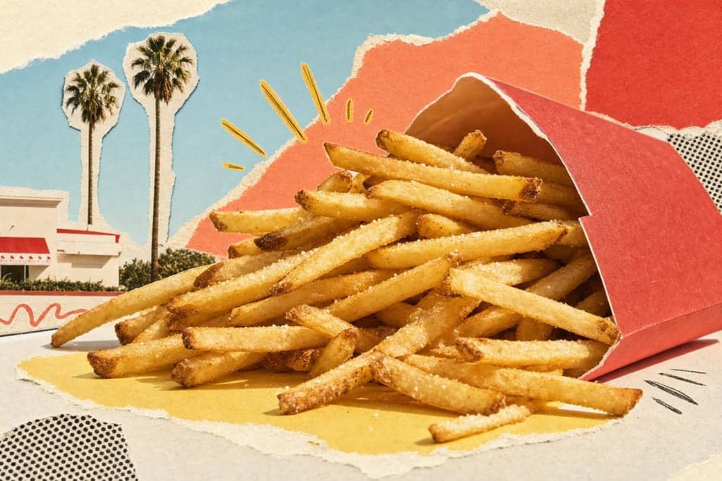 Editorial mixed-media collage of a heaping pile of In-N-Out-style fresh-cut French fries as the unmistakable central subject, viewed from a dramatic ultra-close low side angle at tray level, the fries spilling naturally from a slightly tipped plain red paper fry sleeve onto a clean cream-and-butter-yellow torn-paper diner tray surface, each fry thin, irregular, golden-tan with lightly browned edges, matte potato texture, tiny salt crystals, and a few darker crisp tips clearly visible; set in a bright Southern California roadside fast-food atmosphere at warm late-afternoon sun with long soft shadows and a breezy sun-washed feeling, layered with cut-out photographic elements with rough scissor edges over coral, pale sky-blue, and sun-faded red paper shapes, subtle halftone scraps, energetic hand-drawn accent lines suggesting heat and crunch, visible glue-stick texture and paper grain, playful editorial magazine composition with generous negative space, no characters, no humans, no text, no letters, no logos.