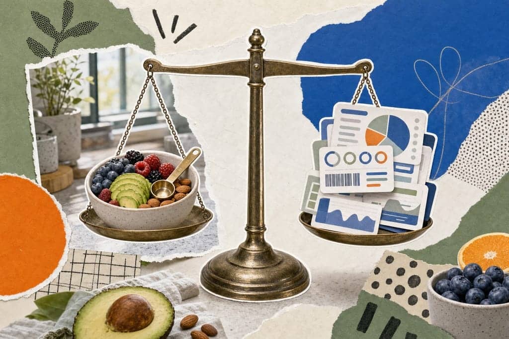 Editorial mixed-media collage of a premium-vs-free balance scale as the unmistakable central subject, viewed from a dramatic close three-quarter angle slightly above tabletop height, centered in a clean asymmetrical composition on a nutrition-themed desk still life: on one side of the scale, a small plain ceramic bowl filled with fresh berries, avocado slices, almonds, and a precise measuring spoon; on the other side, a stack of generic app-interface tiles made only of abstract charts, pie segments, macro-circle icons, progress bars, and barcode-like nutrition blocks with absolutely no readable text, the scale hanging almost perfectly level to suggest comparison and choice. Cut-out photographic elements with rough scissor edges layered over torn paper, halftone scraps, bold flat colour shapes and hand-drawn marks, visible glue-stick texture and paper grain, playful magazine composition, no readable text, no characters, no humans. Setting is a modern kitchen counter blended with a graphic editorial backdrop, lit by cool early-morning window light with a crisp, thoughtful, lightly aspirational atmosphere. Colour palette of soft sage, muted cream, pale oatmeal, cool cobalt, and small pops of citrus orange for contrast.