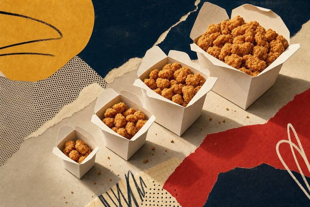 Editorial mixed-media collage of four plain white paper fast-food cartons as the unmistakable central subject, each opened and holding a distinctly different portion of crispy golden bite-sized chicken pieces to suggest 5, 8, 12, and 30 counts, arranged in a dynamic ascending diagonal from the nearest small carton in the lower left foreground to the largest overflowing carton in the upper right background, viewed from a dramatic high three-quarter angle on a clean tabletop, with a few crumbs scattered naturally for realism, set in a softly lit early evening atmosphere with moody amber highlights and deep navy-blue shadows, using a rich honey-gold, warm cream, muted red, and charcoal colour palette, asymmetrical composition with generous negative space, eye-catching size contrast, tactile paper layers, cut-out photographic elements with rough scissor edges layered over torn paper, halftone scraps, bold flat colour shapes and hand-drawn marks, visible glue-stick texture and paper grain, playful magazine composition, no readable text, no characters, no humans.