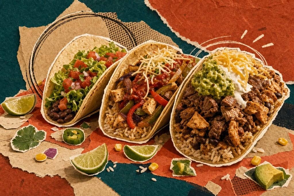 Editorial mixed-media collage of three Chipotle-style tacos as the unmistakable central subject, viewed from a dramatic close low three-quarter angle at table edge height, arranged in a loose crescent formation with one taco slightly forward and two receding behind it for depth, each taco built differently to imply calorie comparison through ingredient density: one light and minimal with crisp lettuce, pico de gallo, and a small spoon of beans, one medium and balanced with rice, chicken, fajita vegetables, salsa, and a modest sprinkle of cheese, one richly stuffed and indulgent with double meat, guacamole, sour cream, cheese, and rice visibly overflowing the tortilla edges. Set on a textured torn-paper tabletop inspired by a modern fast-casual Mexican grill, with scattered cut-out ingredients like lime wedges, cilantro leaves, corn kernels, jalapeño slices, avocado chunks, and a few grains of rice framing the composition without stealing focus. Warm golden-hour side lighting creates appetizing highlights and soft shadows, while the colour mood is bold, spicy, and energetic with deep avocado green, smoky chipotle red, toasted corn yellow, creamy beige, and muted terracotta against a contrasting dark teal and burnt orange paper background. Include halftone scraps, hand-drawn circular emphasis marks around the tacos, bold flat colour blocks behind them, visible glue-stick texture, paper grain, and rough scissor-cut edges. No characters, no humans, no text, no readable labels.