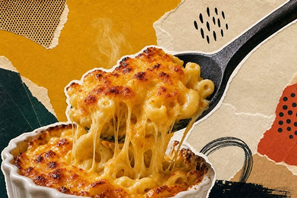 Editorial mixed-media collage of a single black cast-iron spoon lifting a rich, stretchy scoop of creamy baked macaroni and cheese as the unmistakable central subject, viewed from an intimate ultra-close side angle just above dish height, with the spoon rising diagonally from a partially visible small white ceramic ramekin in the lower corner so glossy elbow pasta and bubbling cheddar crust dominate the frame, dramatic cheese pull with toasted golden-brown spots, crisp browned edges, velvety sauce, tiny curls of steam, arranged in an asymmetrical composition on a warm honey-mustard and deep cream torn-paper background suggesting cozy comfort food indulgence, late evening diner atmosphere with moody amber glow and soft shadow falloff, editorial mixed-media collage, cut-out photographic elements with rough scissor edges layered over torn paper, halftone scraps, bold flat colour shapes and hand-drawn marks, visible glue-stick texture and paper grain, playful magazine composition, no readable text, no characters, no humans.