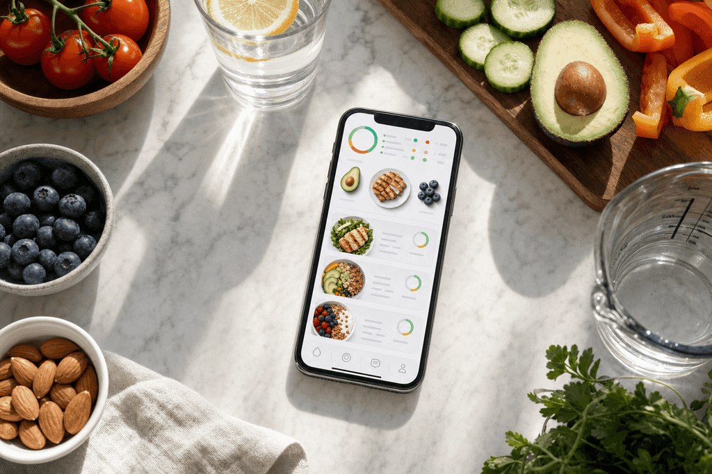 A photorealistic, overhead view of a sleek smartphone placed on a clean, modern kitchen countertop. The phone screen is brightly displaying a vibrant, detailed food diary interface with icons of healthy foods like avocado, grilled chicken, and blueberries. Surrounding the phone are neatly arranged fresh ingredients—sliced vegetables, a glass of water with lemon, and a measuring cup—bathed in soft, natural morning light. The atmosphere is calm, organized, and inviting, evoking a sense of effortless healthy living. No characters, text, or humans are in the image.