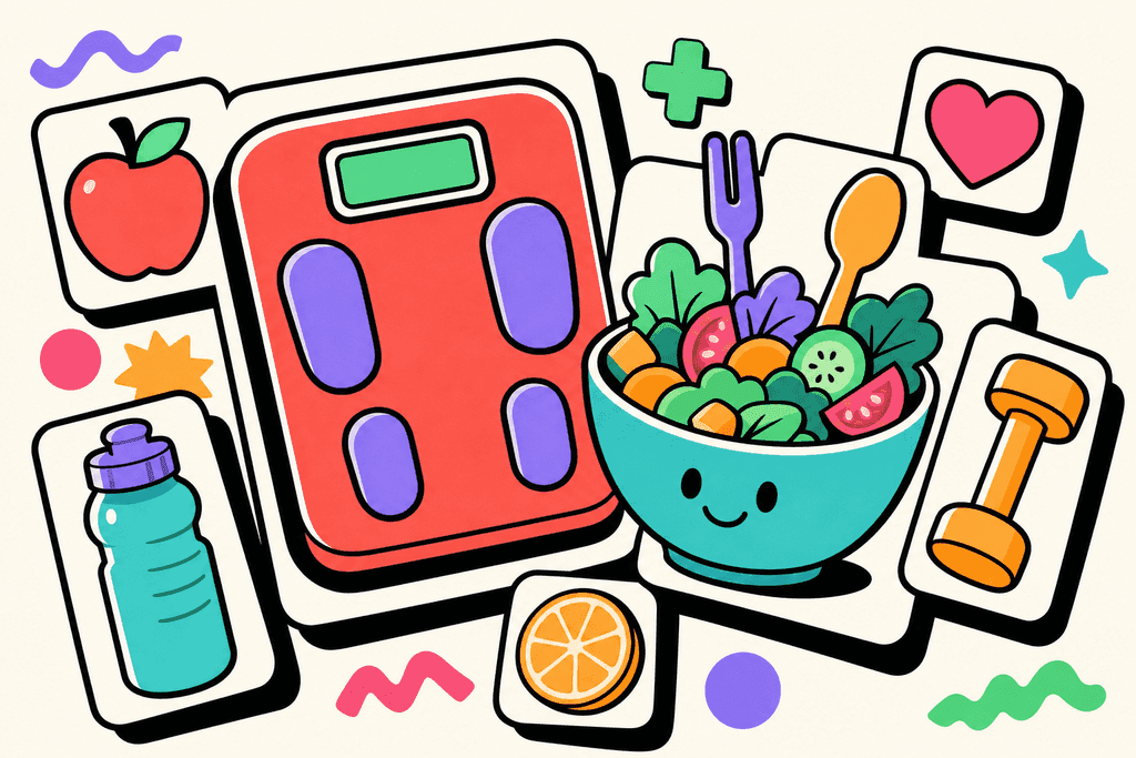A vibrant, cartoon neo-brutalist illustration of a large, chunky digital scale and a smiling bowl of colorful salad with fork and spoon sticking out, surrounded by a cluster of bold, rounded food icons like an apple, water bottle, and dumbbell, all arranged on layered white card surfaces with playful thick black borders and offsets. The background is a warm cream (#FFFAF1), with the primary elements in coral red (#FE665C), chunky black outlines, pops of mint green (#4ADA85), lavender purple (#8B7BFF), teal (#4ECDC4), warm yellow-orange (#FFB347), and pink (#F06292). The mood is playful, inviting, and optimistic—no text, characters, or humans—just objects in a cheerful, energetic atmosphere.