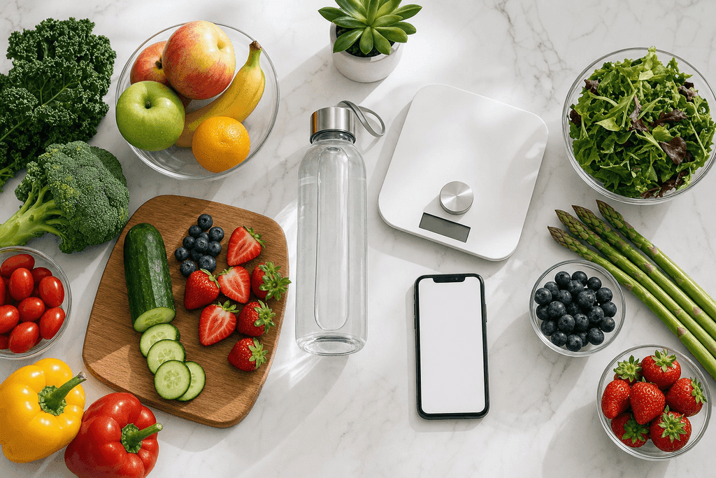 A photorealistic, neatly arranged flat lay of fresh colorful fruits, vegetables, a glass water bottle, a digital kitchen scale, and a smartphone displaying a blank calorie calculator interface on a white marble countertop. Soft natural light streams in from one side, casting gentle shadows and creating a clean, motivating, and refreshing atmosphere. No characters, text, or humans are present in the image.
