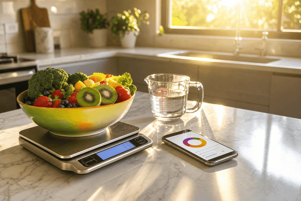 A photorealistic image of a bright, clean kitchen countertop at sunrise, featuring a digital kitchen scale with a colorful bowl of fresh fruits and vegetables beside it, a sleek smartphone displaying a graph with macro nutrient percentages, and a measuring cup nearby; the surfaces are sparkling, with soft golden morning light streaming in, creating an inviting and optimistic atmosphere—no characters, text, or humans visible.