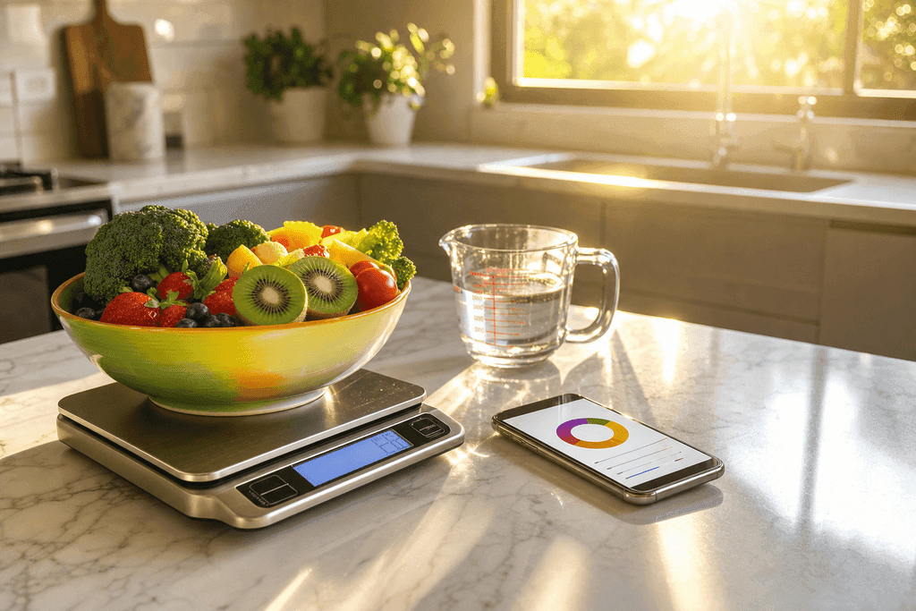 A photorealistic image of a bright, clean kitchen countertop at sunrise, featuring a digital kitchen scale with a colorful bowl of fresh fruits and vegetables beside it, a sleek smartphone displaying a graph with macro nutrient percentages, and a measuring cup nearby; the surfaces are sparkling, with soft golden morning light streaming in, creating an inviting and optimistic atmosphere—no characters, text, or humans visible.