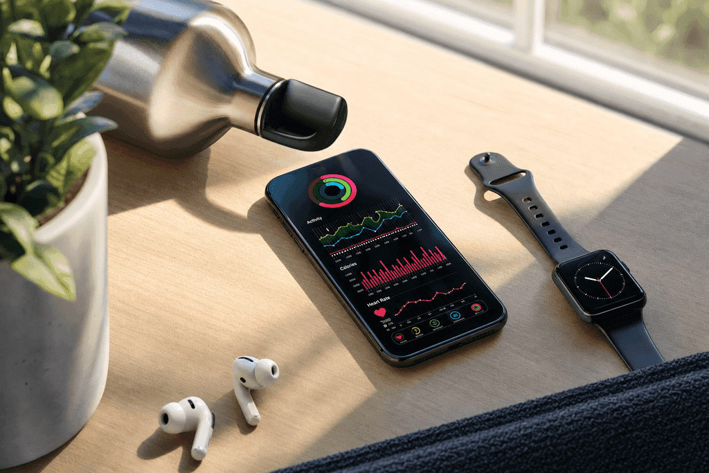 A photorealistic image of a sleek smartphone lying on a clean, light wooden surface, its screen displaying a glowing, intricate chart of fitness stats, calorie graphs, and heart icons, surrounded by premium-looking items like a metal water bottle, wireless earbuds, and a smart watch. The scene is softly lit by natural morning sunlight streaming through a nearby window, creating a fresh, motivating, and aspirational mood. No characters, text, or humans are present.