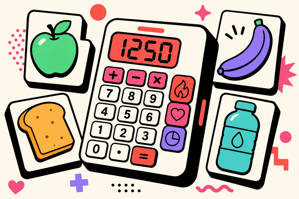 A vibrant, cartoon neo-brutalist still life showing a chunky, oversized digital calorie calculator and playful food icons (an apple, a slice of toast, a banana, and a water bottle) in flat, simplified shapes. Items are arranged on white card-like surfaces with thick, black, offset chunky borders, creating a layered, dimensional composition. Warm cream background (#FFFAF1) with bold pops of coral red (#FE665C) on key details, mint green (#4ADA85) apples, lavender purple (#8B7BFF) banana outline, teal (#4ECDC4) on the water bottle, and warm yellow-orange (#FFB347) toast. Pink (#F06292) accents dot the scene. The style is bold and playful with rounded, friendly forms, and a welcoming, energetic mood with no characters, text, or humans present.
