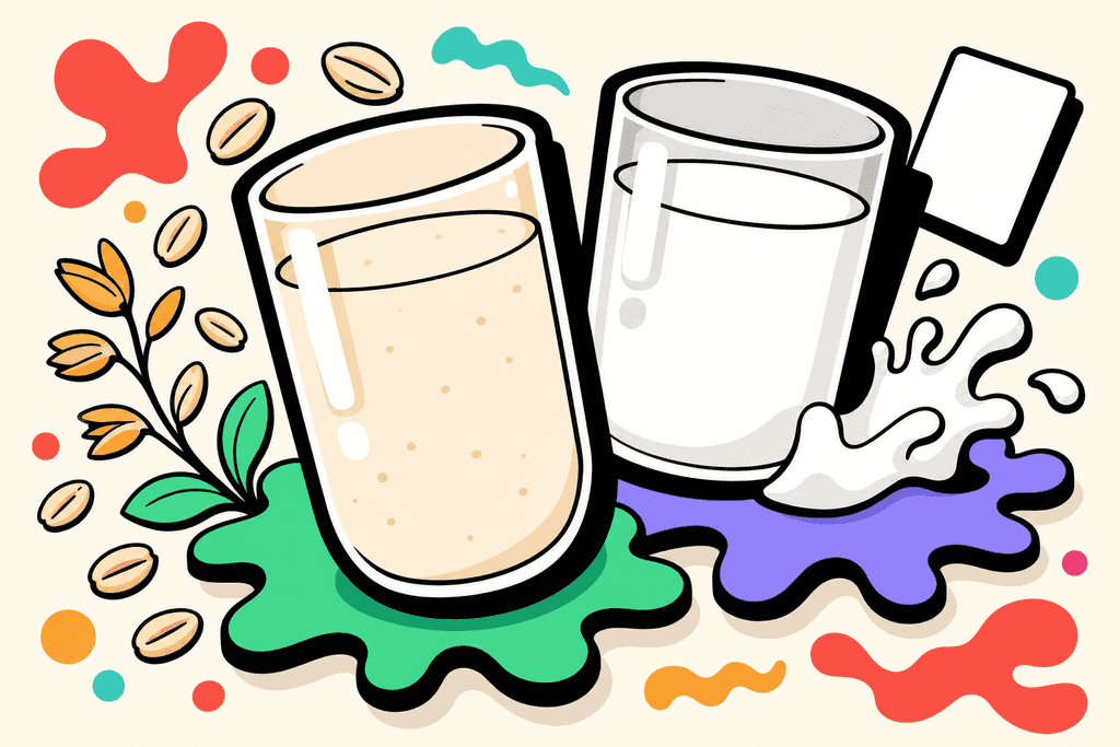 In a bold, playful Cartoon Neo-Brutalism style, depict two large overlapping glass containers—one filled with creamy oat milk and one with whole milk. The oat milk container sits on a mint green (#4ADA85) wavy coaster, while the whole milk container is placed atop a lavender purple (#8B7BFF) splash. Both glasses have chunky, black (#000000), thick, offset borders with stylized reflections. Around each glass, ingredients float: oats with mint green and warm yellow-orange (#FFB347) accents around the oat milk, and a small stylized milk splash and white card surfaces for the whole milk. All elements are rounded, playful, and flat in color, set on a warm cream background (#FFFAF1). Use coral red (#FE665C) for accent splashes and soft, light shadows. No text, characters, or humans. The mood is upbeat and inviting, conveying choice and contrast.