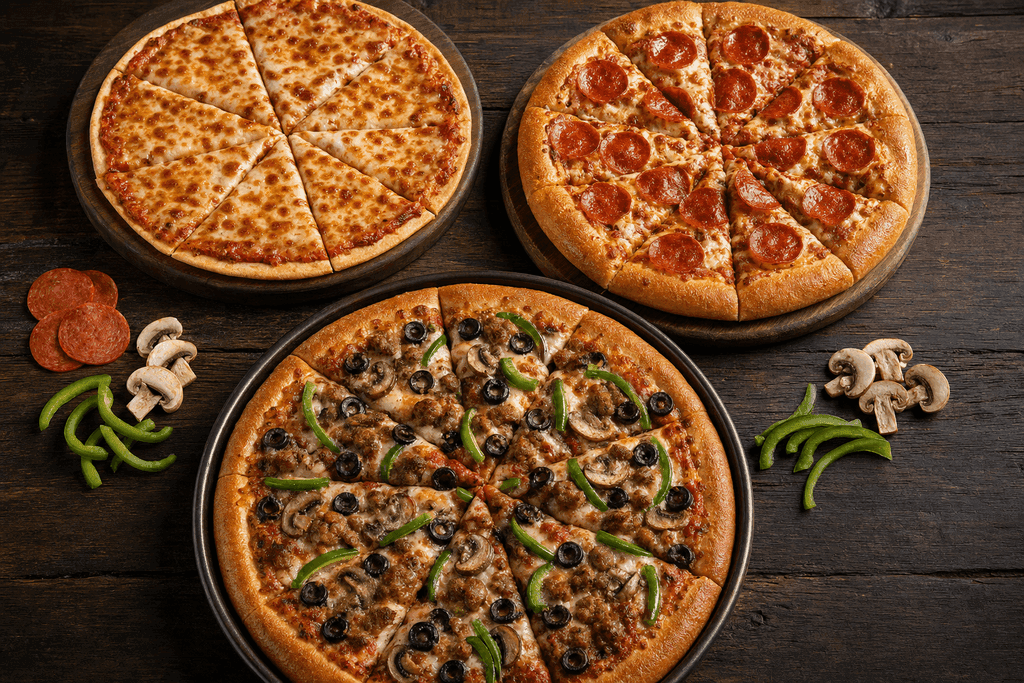 Photorealistic overhead food photography of a Pizza Hut–style pizza calorie comparison scene on a dark rustic wooden table, featuring three whole pizzas arranged in a clean triangular composition to represent different crust sizes and topping combinations: one small thin-crust cheese pizza, one medium hand-tossed pepperoni pizza, and one large pan pizza loaded with sausage, mushrooms, green peppers, and black olives; each pizza perfectly sliced, with visibly distinct crust thicknesses and topping density to emphasize contrast in calories, melted glossy cheese, rich golden-brown crust edges, slightly blistered surfaces, vibrant fresh toppings, subtle grease sheen, and realistic baked texture; soft dramatic studio lighting with warm highlights and gentle shadows, creating a cozy, appetizing, informative atmosphere; include a few neatly placed ingredient accents nearby such as pepperoni slices, mushroom pieces, and green pepper strips for balance, but no clutter; polished composition with sharp focus, high detail, natural color grading, premium editorial food styling; no characters, no humans, no text, no labels, no charts.