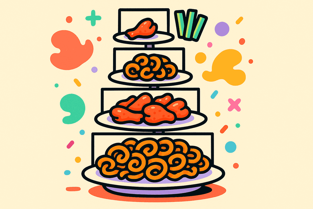 A playful, eye-catching cartoon illustration of a vertical tiered platter showcasing progressively larger portions of chicken wings, curly fries, and celery sticks, arranged from smallest to largest on simple white plates. Each food portion sits on a bold white card surface, outlined with thick black chunky borders and offset shadows. The background is a warm cream (#FFFAF1). Accent splashes of coral red (#FE665C), mint green (#4ADA85), lavender purple (#8B7BFF), teal (#4ECDC4), warm yellow-orange (#FFB347), and pink (#F06292) decorate the scene with abstract, rounded blobs and playful geometric confetti. The entire composition feels bold, whimsical, and structured, exuding a mood of friendly curiosity and visual satisfaction. No text, characters, or humans are present. Style: Cartoon Neo-Brutalism.
