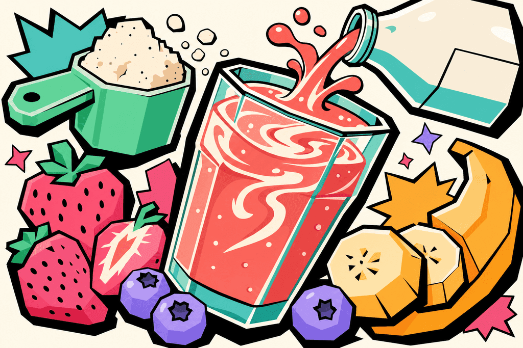 A dynamic, cartoon neo-brutalism style still life featuring a chunky glass protein shake in the foreground, tilted playfully, its surface swirling with creamy waves, surrounded by oversized, stylized elements: a mint green measuring scoop of powder, a bottle of milk pouring a coral red stream, and large, geometric slices of yellow-orange banana, pink strawberries, and lavender blueberries. All objects cast chunky, black shadows with thick offset black borders. The white card surfaces and background use a warm cream (#FFFAF1), while accents like the scoop, fruit, and glass use mint green, lavender purple, teal, yellow-orange, and pink. The composition is bold and eye catching, with elements overlapping. No text, no characters, and no humans. The overall mood is energetic and playful, emphasizing healthy freshness and abundance.