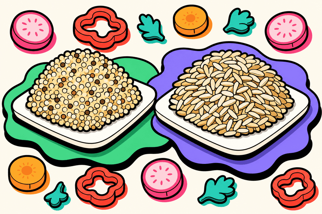 A vibrant, cartoon neo-brutalist scene: a plump, textured mound of quinoa on a white card dish facing off against a similarly chunky heap of brown rice on another card dish, both on a warm cream background (#FFFAF1). The dishes rest on playful, wavy placemats in mint green (#4ADA85) and lavender purple (#8B7BFF), lightly overlapping. Around them: scattered cartoon veggies—slices of pink radish (#F06292), coral red pepper rings (#FE665C), and warm yellow-orange carrot coins (#FFB347)—act as dynamic accents. Black, extra-chunky borders outline every element, with thick offset shadows for depth. The scene radiates a mood of energetic anticipation and friendly competition, using bold, flat colors, rounded soft shapes, and absolutely no text, humans, or characters.
