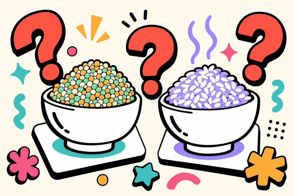 A vibrant cartoon Neo-Brutalism image: on a warm cream background, a stylized white bowl of fluffy quinoa (mint green and warm yellow-orange grains) sits side-by-side with a matching bowl of steaming rice (lavender purple and white grains). Both bowls are outlined with chunky black borders and rest on white card-like surfaces. The bowls have playful, rounded shapes with thick, offset black borders. Around the bowls, large, chunky coral red question marks and playful decorative accents in teal, pink, and yellow-orange float, hinting at a decision or comparison. The scene is bright, inviting, and bold with a flat design—no text, people, or characters—emphasizing a friendly and curious mood.