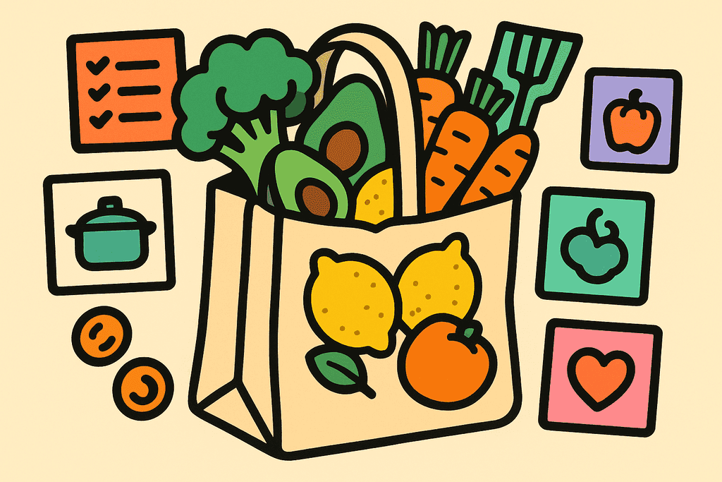 A playful, cartoon neo-brutalist still life of a reusable grocery tote overflowing with vibrant fresh produce—broccoli, avocados, carrots, and lemons—stylized with chunky black borders and set against a warm cream background (#FFFAF1). Around the bag, arrange abstract white cards symbolizing meal planning, simple coins, and stylized food icons in coral red (#FE665C), mint green (#4ADA85), lavender purple (#8B7BFF), teal (#4ECDC4), warm yellow-orange (#FFB347), and pink (#F06292). All elements feature bold, flat blocks of color, thick offset black outlines, softly rounded corners, and a playful, optimistic mood. No text, characters, or humans—pure still life with an inviting, smart, and cheerful atmosphere.