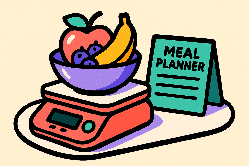 A vibrant cartoon neo-brutalist style still life of a digital kitchen scale topped with a stylized, geometric bowl of brightly colored fruits (apple, banana, berries) and a mint green meal planner card beside it. Arranged on a white rounded card-shaped surface, all objects outlined with thick chunky black offsets. The background is warm cream (#FFFAF1); the scale is coral red (#FE665C) with mint green (#4ADA85) buttons, fruits use accent lavender purple (#8B7BFF), yellow-orange (#FFB347), and pink (#F06292). The scene feels playful, bold, and inspiring—no humans, characters, or text, just inviting, dynamic energy for personal transformation.