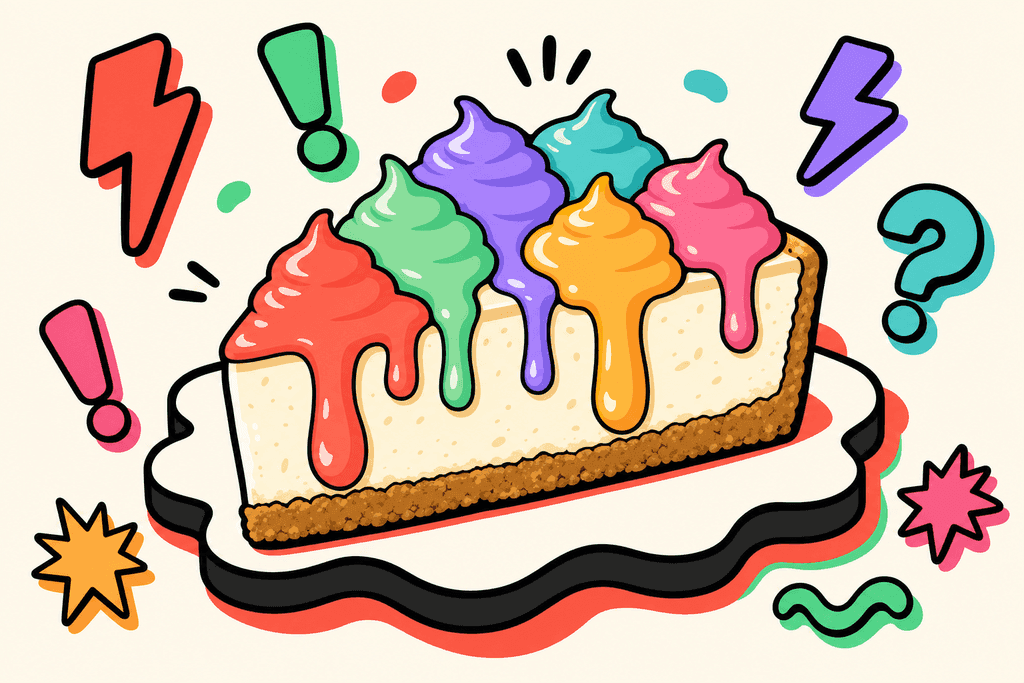 A whimsical, oversized slice of classic cheesecake topped with vibrant dollops of colorful sauces (coral red, mint green, lavender purple, teal, yellow-orange, pink), each sauce oozing playfully over the sides. The cheesecake sits centered on a white plate with chunky black borders and playful, rounded edges. Surrounding the plate are floating, cartoon-style calorie symbols (stylized abstract icons like lightning bolts, exclamation marks, and question marks—no numbers or text), each in one of the palette’s accent colors. The background is warm cream (#FFFAF1) with bold, chunky shadows in coral red (#FE665C) and mint green (#4ADA85), creating a lively and curious mood. No characters, text, or humans—only cheesecake, sauce, plate, symbols, and atmospheric shadows in a cartoon neo-brutalist style.
