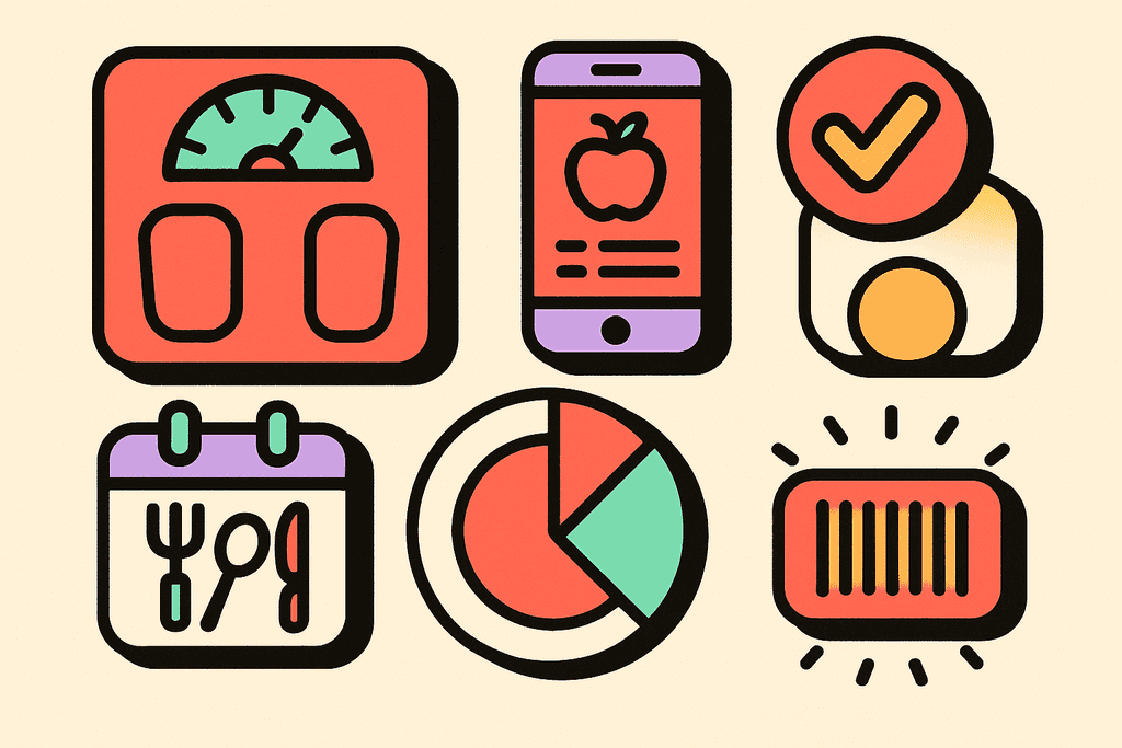 A cartoon neo-brutalist composition featuring six chunky, interconnected icons symbolizing tech-savvy diet tools: a stylized scale, a smartphone with a food app interface, a bright checkmark badge, a calendar with a playful fork and knife, a pie chart plate, and a glowing barcode. Each icon sits on a bold, white rounded card with thick black offset borders, arranged in a dynamic playful scatter across a warm cream (#FFFAF1) background. Coral red (#FE665C) is used prominently on main icons, with accents in mint green, lavender purple, teal, yellow-orange, and pink, all outlined in heavy black. The atmosphere is modern, energizing, and inviting, hinting at innovation and approachability. No characters, text, or humans.