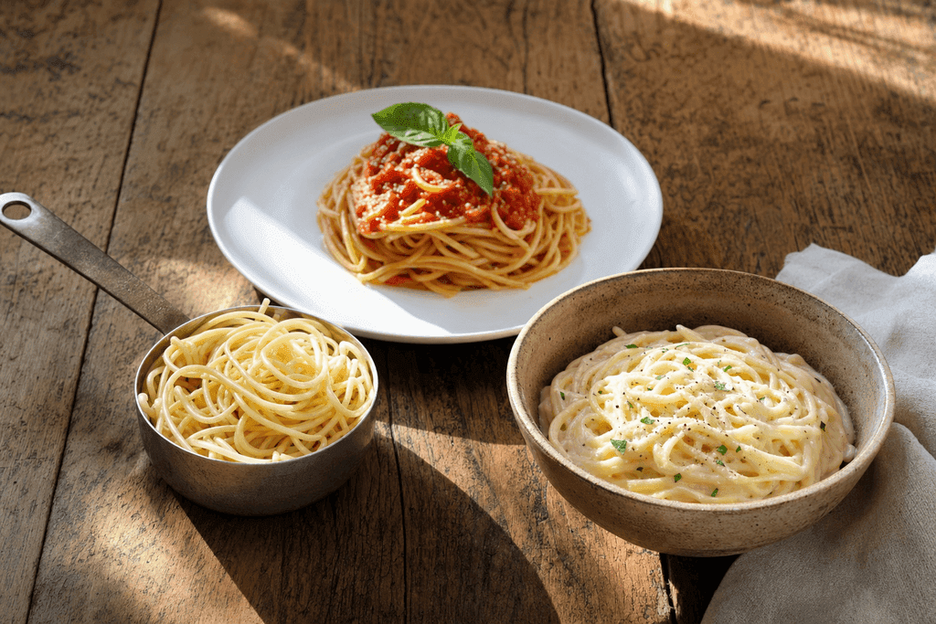 A photorealistic scene featuring a variety of spaghetti servings: one heaping measuring cup of plain spaghetti, one elegant white plate with a neat twirl of spaghetti topped with vibrant tomato sauce and basil, and a rustic ceramic bowl holding spaghetti coated in creamy Alfredo sauce. The dishes are arranged on a weathered wooden table with natural light streaming in, casting soft shadows. The atmosphere is warm, inviting, and cozy, evoking the comfort of homemade meals. The image should not contain any humans, characters, or text.