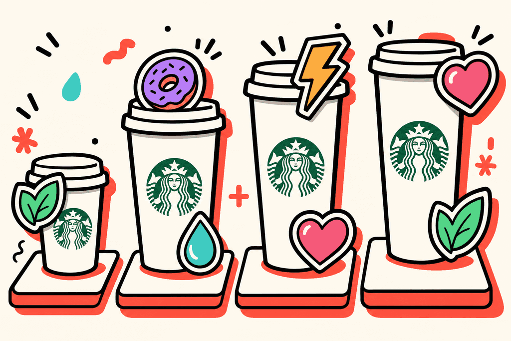 A playful cartoon neo-brutalist illustration of a lineup of four Starbucks-style coffee cups in different sizes (short, tall, grande, venti), each cup in white with chunky black borders, standing on a warm cream background (#FFFAF1). The cups rest on flat white “card” surfaces with thick oversized shadows in coral red (#FE665C). Atop and around the cups, there are whimsical calorie icons: mint green leaf for “light”, lavender purple donut for “sweet”, teal droplet for “creamy”, warm yellow-orange lightning bolt for “energy”, and pink heart for “indulgent”, each floating or overlapping cups with chunky offset outlines. The overall mood is energetic and inviting, with bold, playful, flat color fills and highly stylized thick black borders, rounded edges, and no humans, text, or characters present.