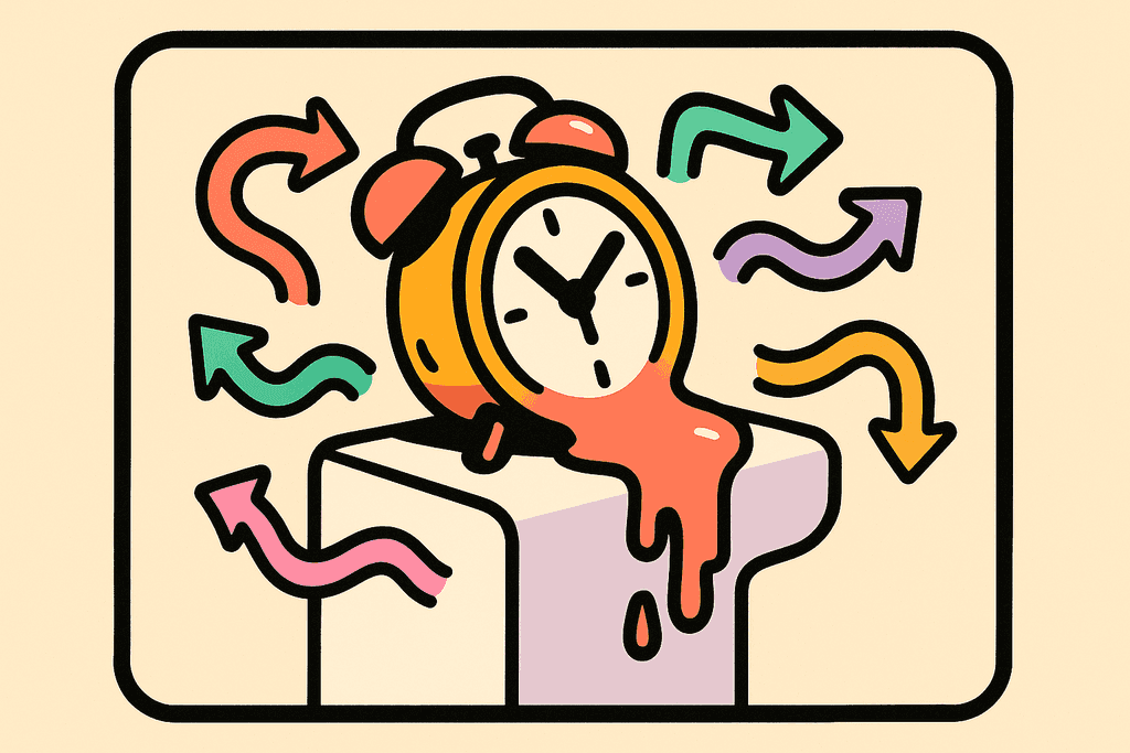 A chunky, stylized cartoon alarm clock with bold black hands is melting and dripping over the edge of a white, rounded card, as if time is running away. Around the clock, playful, wavy arrows in coral red, mint green, lavender, teal, yellow-orange, and pink show movement in different directions, creating a sense of chaos gradually fading into calm. The warm cream background contrasts with thick, black offset borders framing all elements. The overall mood is uplifting, capturing a transition from anxious repetition to peaceful consistency, with no characters, text, or humans present.