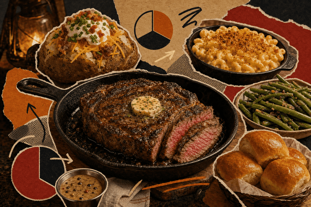 Editorial mixed-media collage of a Texas steakhouse feast focused on a thick, juicy grilled ribeye steak as the clear central subject, sliced slightly to reveal a warm pink center, resting on a black cast-iron skillet with a small pat of melting herb butter glistening on top; arranged around it are distinctly separated steakhouse sides including a loaded baked potato with sour cream and chives, a bowl of creamy mac and cheese, seasoned green beans, and a few golden dinner rolls, plus a small metal ramekin of peppercorn sauce. Use cut-out photographic elements with rough scissor edges layered over torn kraft paper and deep charcoal paper scraps, halftone textures, bold flat shapes in burnt orange, deep red, and smoky brown, with hand-drawn calorie-chart-inspired circles, arrows, and underline marks but no readable text. Composition should be a dramatic three-quarter angle from slightly above, not overhead, with the skillet placed off-center and the sides curving around it in a balanced editorial layout. Setting should feel like a cozy rustic steakhouse table at dusk, with moody amber glow, subtle shadows, rich warm highlights, and an indulgent, hearty, inviting atmosphere. No characters, no humans, no hands, no text.