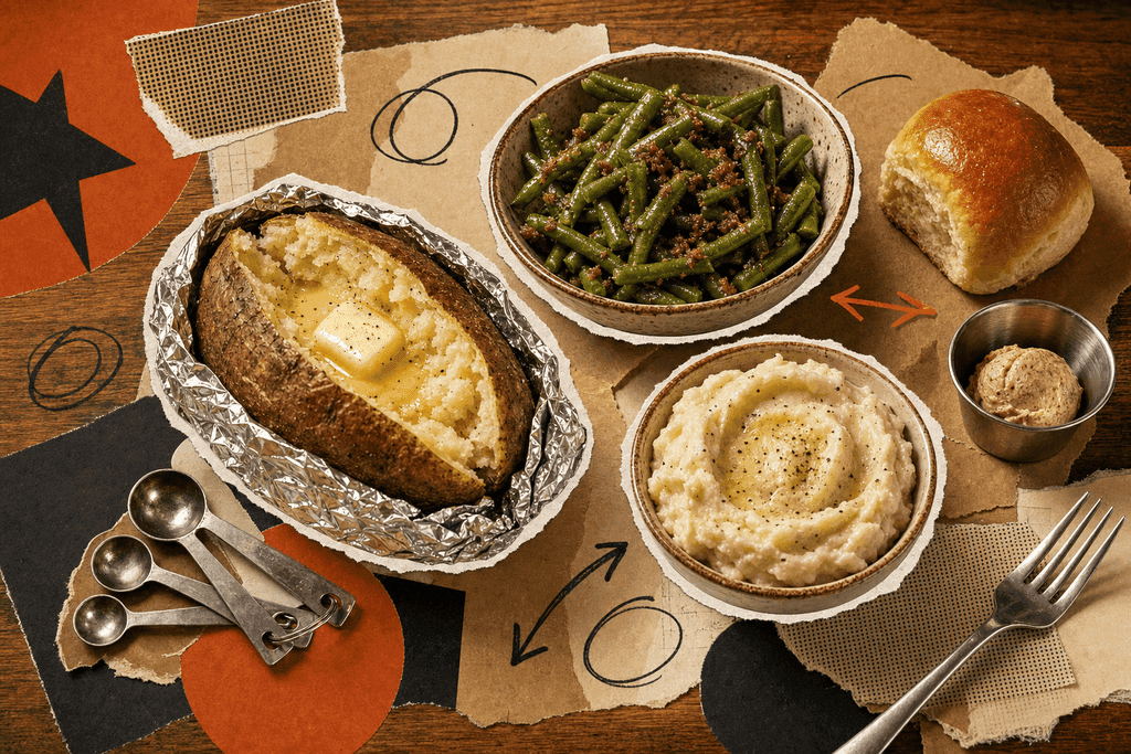 Editorial mixed-media collage of a Texas Roadhouse–style nutrition planning scene centered on a neatly arranged trio of iconic side dishes as the clear central subject: a foil-wrapped baked potato split open with a small melting pat of butter, a rustic bowl of seasoned green beans, and a compact mound of creamy mashed potatoes in a separate ramekin, each presented as cut-out photographic elements with rough scissor edges. Include a small metal ramekin of cinnamon butter and one warm dinner roll off to the side as supporting accents, plus a few scattered measuring spoons and a simple stainless fork to suggest calorie and macro comparison without showing any text. Compose from a slightly angled top-down three-quarter view on a warm honey-brown wooden steakhouse table, with layered torn kraft paper, muted cream paper scraps, subtle halftone textures, bold burnt-orange and deep charcoal geometric shapes, and loose hand-drawn circles and arrows for an editorial infographic feel. Lighting should feel warm, late-evening steakhouse ambiance with cozy amber highlights, soft shadows, and a rich inviting atmosphere. Color mood: toasted browns, buttery golds, sage green, warm beige, and smoky rust. No characters, no humans, no readable text.