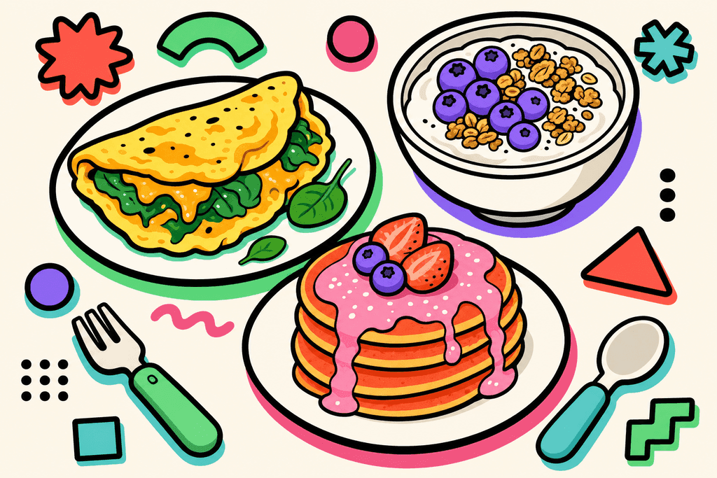 A vibrant, playful cartoon neo-brutalist style breakfast scene on a warm cream background (#FFFAF1): arranged on crisp white plates are three distinct high-protein breakfasts—a fluffy omelette with mint green spinach and warm yellow-orange cheese, a bowl of creamy Greek yogurt topped with lavender purple berries and granola, and a pile of golden coral red pancakes stacked with pink protein powder drizzle. All food items and plates are outlined with thick, chunky black borders. Accents of mint green, teal, and pink create a joyful, energetic atmosphere. No text, no humans, no characters—just the three breakfasts, surrounded by oversized rounded utensils and graphic shapes, all in bold flat colors with offset shadows.