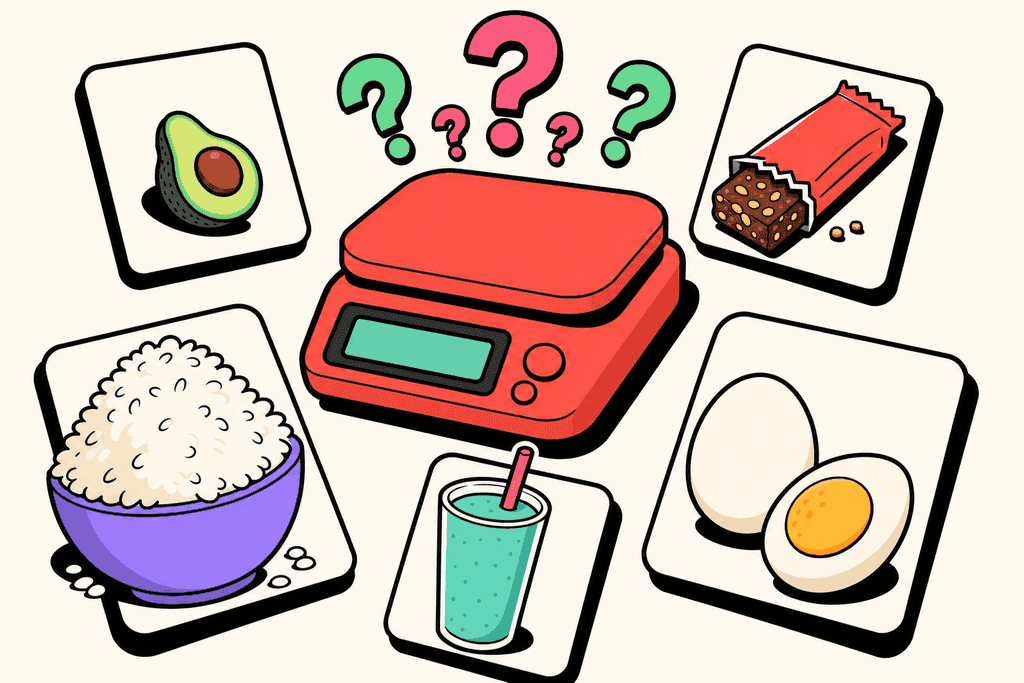 A cartoon Neo-Brutalism style image showing a playful, oversized digital food scale on a warm cream background (#FFFAF1), with chunky black borders. Scatter around the scale five cartoonish food cards: a mint green (#4ADA85) avocado, a coral red (#FE665C) protein bar, a lavender purple (#8B7BFF) rice bowl, a teal (#4ECDC4) glass of smoothie, and a warm yellow-orange (#FFB347) hardboiled egg. Each card has a white surface with bold, offset, thick black outlines and rounded shapes. Exaggerate the differences in portion sizes—some foods look tiny, others overflow their cards. A sense of confusion is evoked by whimsical, floating question marks in pink (#F06292) and mint green above the scale, giving a mood of playful uncertainty. No characters, text, or humans in the image.