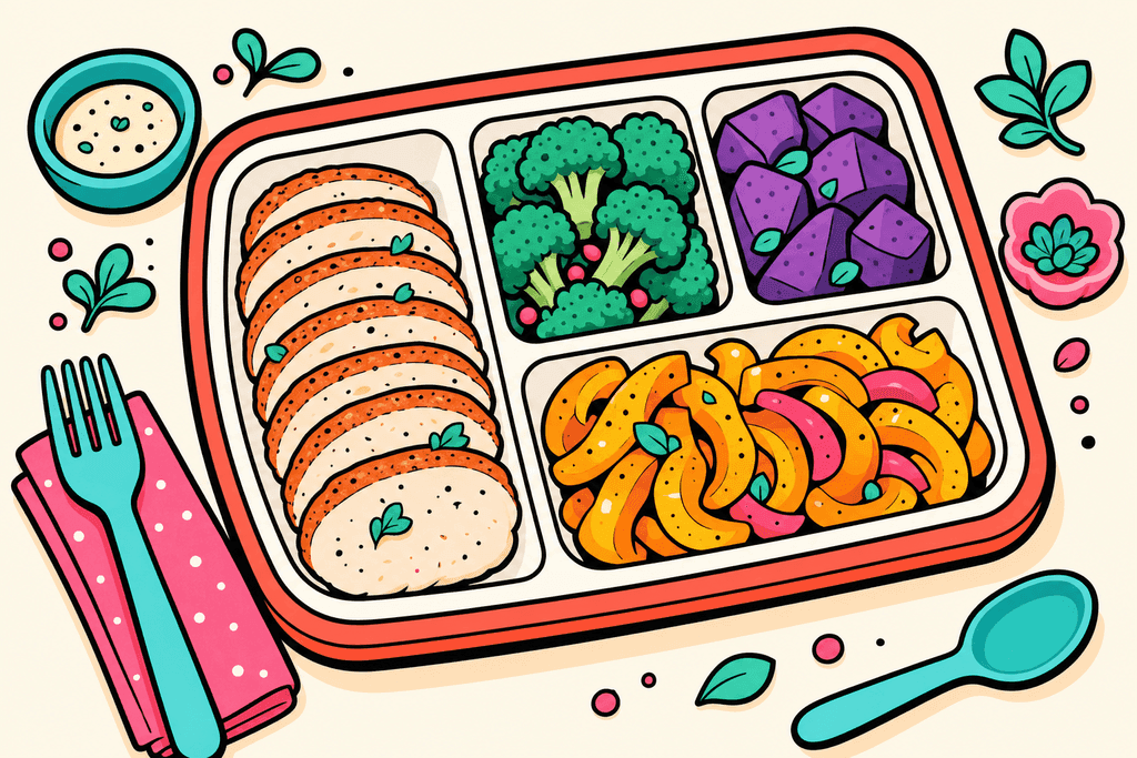 A whimsical, chunky cartoon-style illustration of sliced turkey breast arranged neatly on a white meal prep tray, divided into sections alongside vibrant, flat servings of mint green broccoli, lavender purple sweet potatoes, and bright yellow-orange bell peppers. The tray sits atop a warm cream background (#FFFAF1), with thick black borders outlining each object. Coral red (#FE665C) is used as the primary accent, highlighting select food items and the tray edges. Splashes of teal (#4ECDC4) and pink (#F06292) add contrast in garnish details and utensil shapes nearby. The overall mood is cheerful and inviting, with playful, rounded shapes and bold, offset outlines in a clean, organized layout—no characters, text, or humans present.