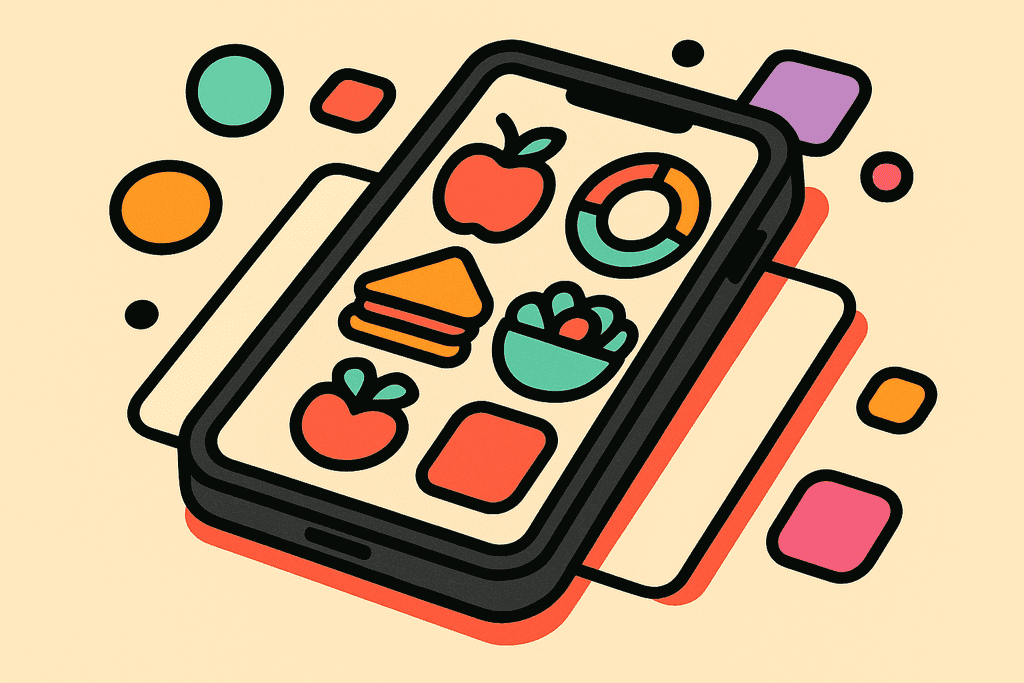A playful, cartoon neo-brutalist scene of a smartphone resting on a white card surface, displaying vivid abstract icons representing food (like a stylized apple, sandwich, and salad bowl) and bold, colorful progress rings. The background is a warm cream (#FFFAF1). The phone and icons have chunky black (#000000) borders and offset shadows, with coral red (#FE665C) as the primary highlight and accent elements in mint green (#4ADA85), lavender purple (#8B7BFF), teal (#4ECDC4), warm yellow-orange (#FFB347), and pink (#F06292). Surrounding the phone are abstract shapes like circles and rounded squares echoing the accent colors, all with thick black borders. The atmosphere is energetic yet calm, inspiring effortless organization, with no text, no characters, and no humans in the image.