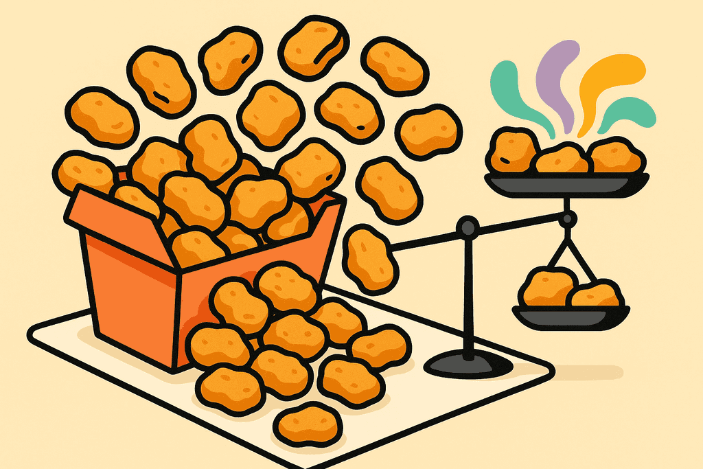 A large, playful cartoon neo-brutalist McNugget box with exactly 20 stylized nuggets spilling out in an arc, each nugget chunky and outlined in black with soft shading. Nuggets sit atop a white card-like surface, radiating out in a semi-circle to emphasize quantity. In the corner, a minimalist scale is balanced, with one side holding nuggets and the other a colorful swirl of abstract faded energy waves in mint green, lavender, teal, and warm yellow-orange, representing calories and energy. Cream (#FFFAF1) background dominates, with accent coral red (#FE665C) on the nugget box, chunky black outlines, playful flat shapes, and rounded corners. No text, no characters, no humans. The mood is vibrant and energetic, inviting curiosity about the impact of McNuggets in a visually bold and abstract way.