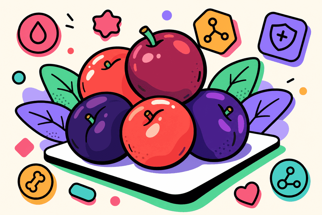 Five plums in varying ripe shades of coral red and deep purple sit stacked in a playful, chunky composition on a smooth white card surface, surrounded by stylized mint green and lavender purple leaves. The plums are glossy and plump with bold, thick black offset borders, casting soft lavender and mint-green shadows onto the warm cream background. Dashes of warm yellow-orange and pink accent the scene as abstract nutrition icons (like simplified vitamins and minerals) as floating shapes—no text, no humans or characters—conveying a lively, fresh, and inviting atmosphere. All elements feature rounded, cartoon-like forms in a flat, Neo-Brutalist style, emphasizing bold shapes, playful contrasts, and energetic mood.