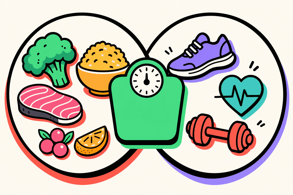 A cartoon neo-brutalist illustration of two overlapping plates on a warm cream background (#FFFAF1). On the left plate, colorful cartoon foods—like mint green (#4ADA85) broccoli, pink (#F06292) salmon, yellow-orange (#FFB347) rice—are neatly arranged, representing calories in. On the right, playful stylized icons such as a lavender purple (#8B7BFF) running shoe, teal (#4ECDC4) heartbeat, and coral red (#FE665C) dumbbell sit above white card surfaces, representing calories out. The plates partially overlap, forming a flat mint green (#4ADA85) scale in the center, symbolizing "net calories." Use thick, chunky black borders (#000000), bold rounded forms, and offset shadows for playful depth. The mood is energetic yet balanced, capturing the concept of input versus output in a lively, approachable way. No characters, text, or humans in the image.