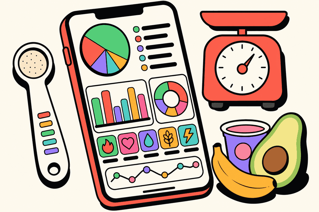 A vibrant cartoon Neo-Brutalist flat lay of a digital nutrition dashboard: Show a large, simplified stylized smartphone screen displaying playful pie charts and bar graphs in accent colors (mint green, coral red, lavender, teal, yellow-orange, pink) with bold black chunky borders. The phone rests beside a chunky white measuring spoon, a bright coral kitchen scale, and a stylized food icon group (like a stylized avocado, banana, and cup) all in flattened, rounded forms atop a warm cream background (#FFFAF1). Use thick offset black borders and strong contrast. The mood is playful, organized, and modern, suggesting tracking and analyzing food without any characters, text, or humans.