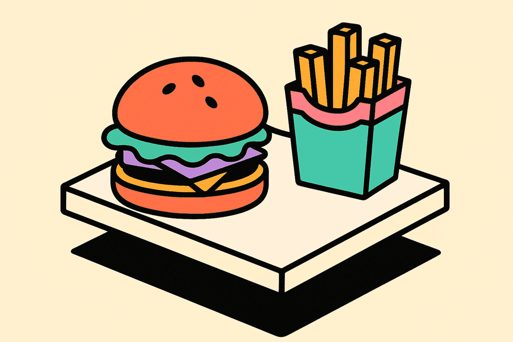 A minimalist, cartoon Neo-Brutalism style scene of an abstract fast food meal: an oversized, geometric burger bun (coral red and warm yellow-orange layers) with mint green lettuce and lavender purple cheese peeking out, sitting next to a small carton of crisp, chunky fries (teal and pink accents) on a pristine, floating white card tray. The tray casts a bold black shadow and features chunky black borders. No characters, text, or humans. The background is a warm cream (#FFFAF1). The atmosphere should feel playful, inviting, and slightly ironic, highlighting the idea of “minimal” with exaggeratedly small food portions and large blank spaces. Bold, flat colors and thick, offset black borders emphasize the stylized, graphic look.