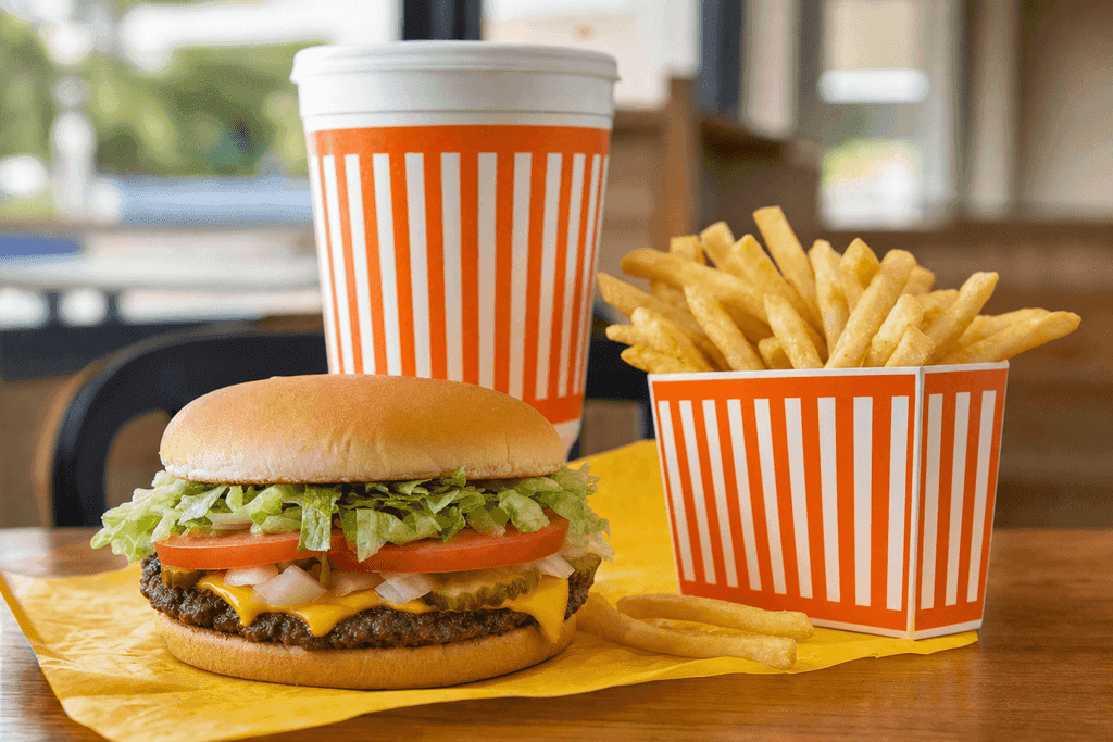 A photorealistic close-up of a fresh Whataburger meal arranged neatly on a wooden table, featuring a juicy burger with crisp lettuce and tomato, golden fries in a signature orange-striped container, and a cool beverage cup, all bathed in warm, natural lighting that creates an inviting and wholesome atmosphere; the background is softly blurred with hints of a clean, modern fast-food restaurant interior. No characters, text, or humans are present.