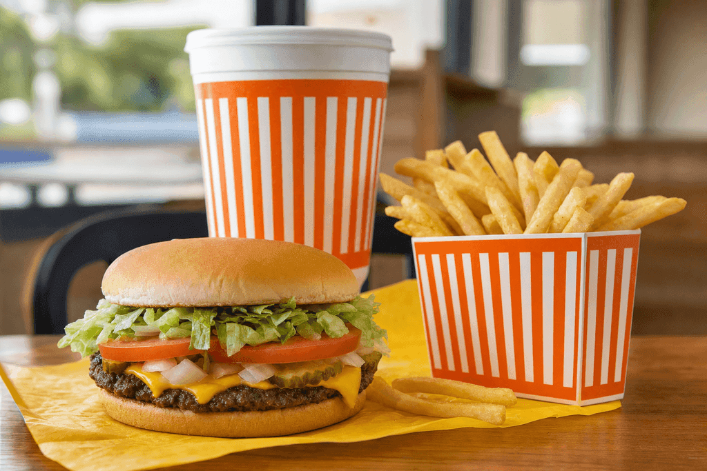 A photorealistic close-up of a fresh Whataburger meal arranged neatly on a wooden table, featuring a juicy burger with crisp lettuce and tomato, golden fries in a signature orange-striped container, and a cool beverage cup, all bathed in warm, natural lighting that creates an inviting and wholesome atmosphere; the background is softly blurred with hints of a clean, modern fast-food restaurant interior. No characters, text, or humans are present.