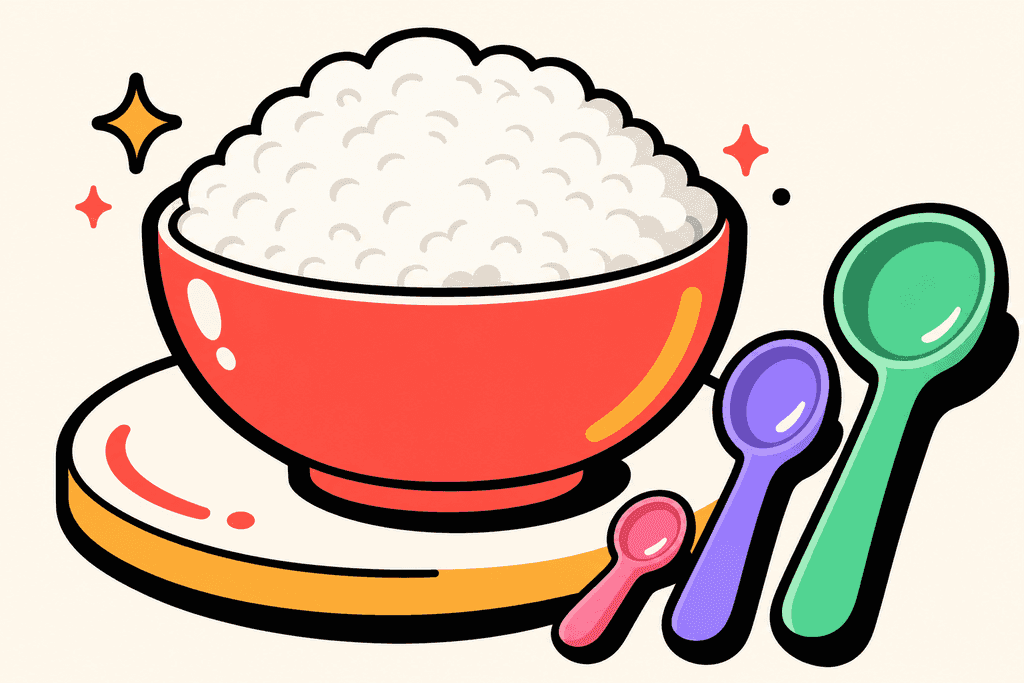 A cartoon Neo-Brutalism style scene showing a stylized, oversized white rice bowl placed centrally atop a chunky white plate, both with thick black borders and shadowed offset effect for depth; beside the bowl, three clearly defined, different-sized portion serving spoons are arranged playfully, each an accent color (mint green, lavender purple, and pink) and outlined in black. The rice inside the bowl is puffy, textured, and gleaming white, visually overflowing with soft curves. The warm cream background (#FFFAF1) wraps the scene, while the bowl and plate feature coral red and warm yellow-orange highlights. No text, no humans, no characters—just the objects. The overall atmosphere is inviting, cheerful, and modern, with bold, flat, playful colors and thick, rounded forms.