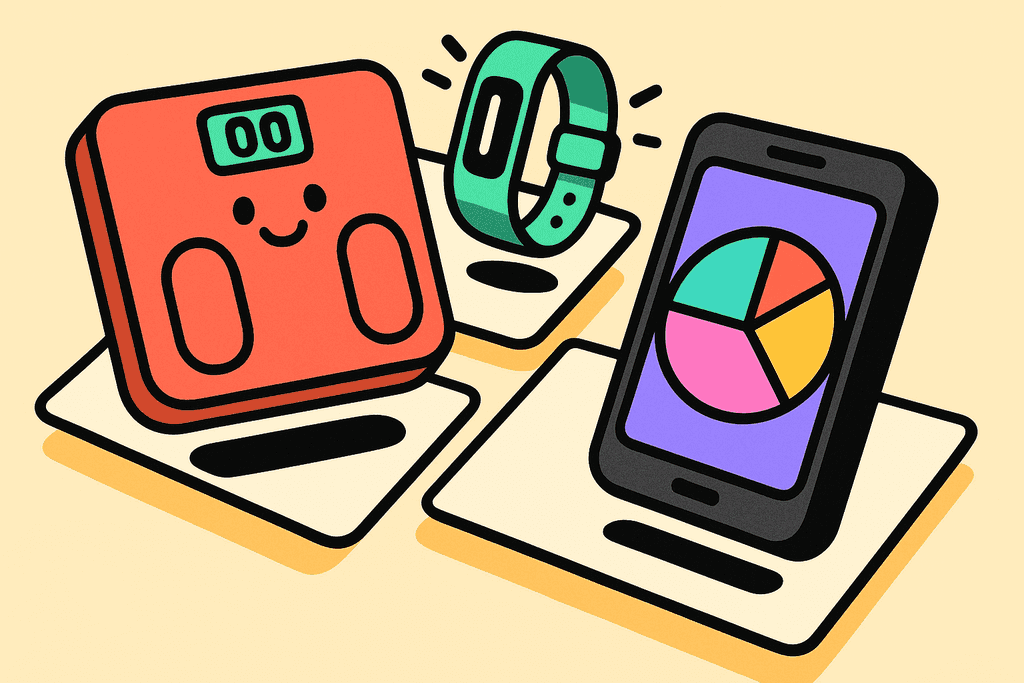 A vibrant, cartoon neo-brutalist illustration of a cheerful smart scale, a glowing fitness tracker, and a sleek smartphone displaying a stylized pie chart. All devices float above overlapping white cards on a warm cream background (#FFFAF1), surrounded by chunky black borders. The smart scale is coral red (#FE665C), the fitness tracker is mint green (#4ADA85), and the smartphone’s screen displays bold blocks in lavender purple (#8B7BFF), teal (#4ECDC4), warm yellow-orange (#FFB347), and pink (#F06292). Playful, rounded, offset shadows and thick black outlines unify the composition. The atmosphere is energetic, upbeat, and high-tech, with an uncluttered, eye-catching layout. No characters, humans, or text visible.