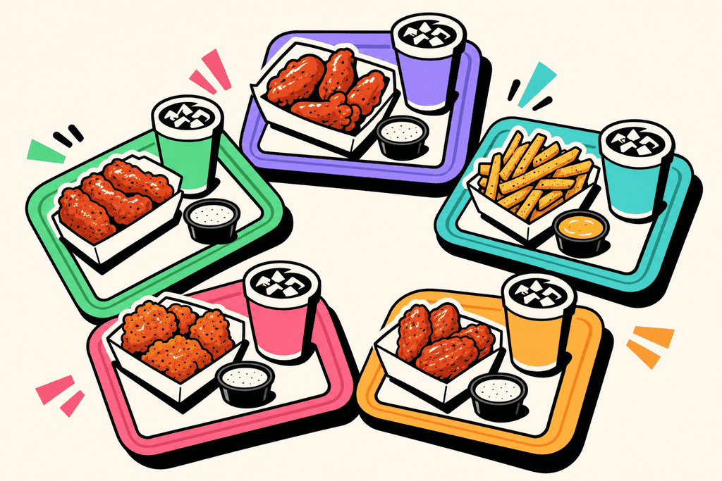 A vibrant, cartoon neo-brutalist image of a group of stylized fast food trays arranged in a playful circle, each tray holding simplified, chunky versions of classic Wingstop menu items like chicken wings, seasoned fries, dipping sauces, and a cup with ice. Every food item sits on white cards with thick black, offset rounded borders, and each tray is accented with a different pop of mint green, lavender purple, teal, warm yellow-orange, or pink, all set against a warm cream background. The scene feels bold and fun, as if ready for a friendly feast, with balanced negative space and no humans, characters, or any text visible—just colorful, flat-food illustrations exuding a warm, inviting atmosphere with a subtle sense of anticipation.
